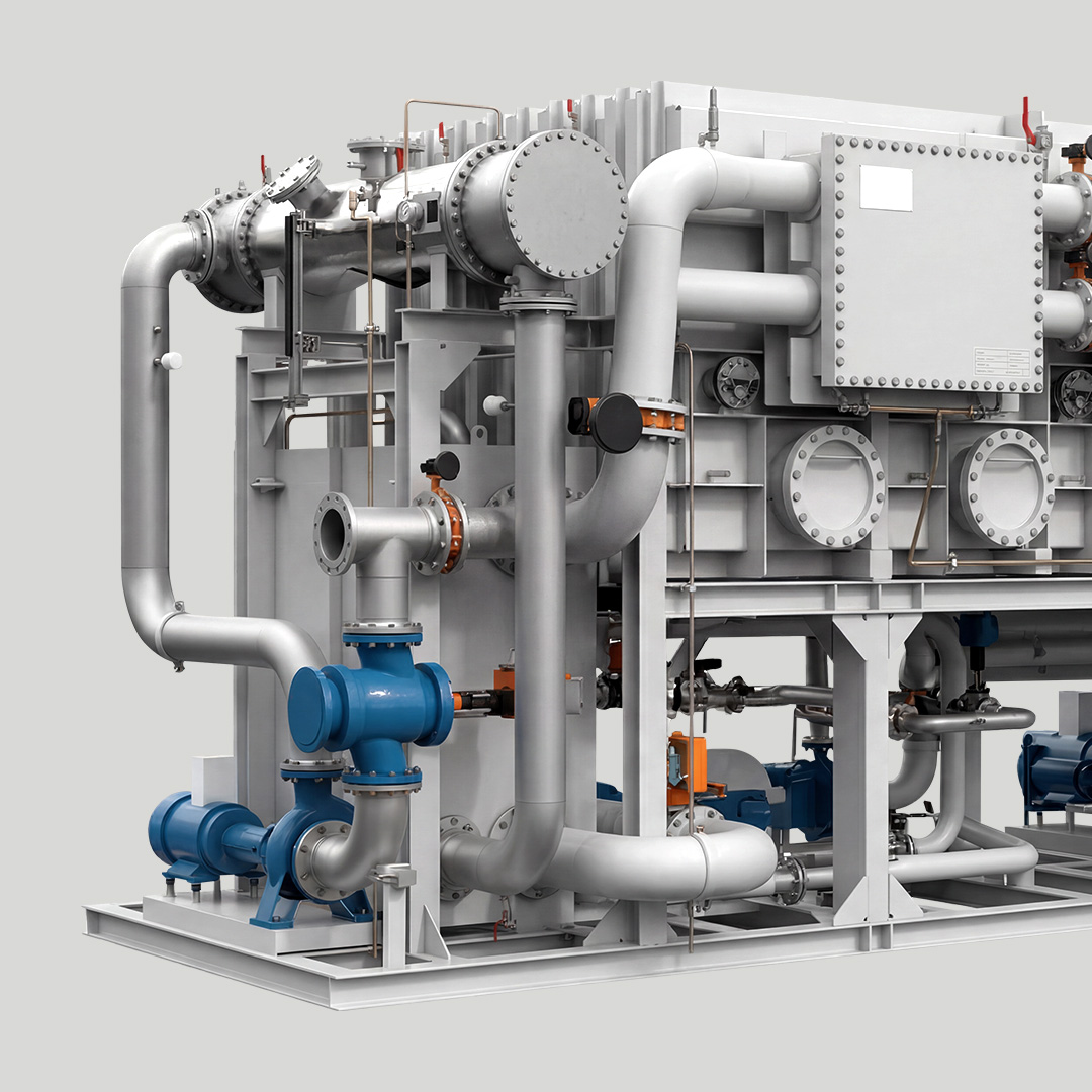 Industrial multi stage flash evaporator system used for marine freshwater generation and desalination.