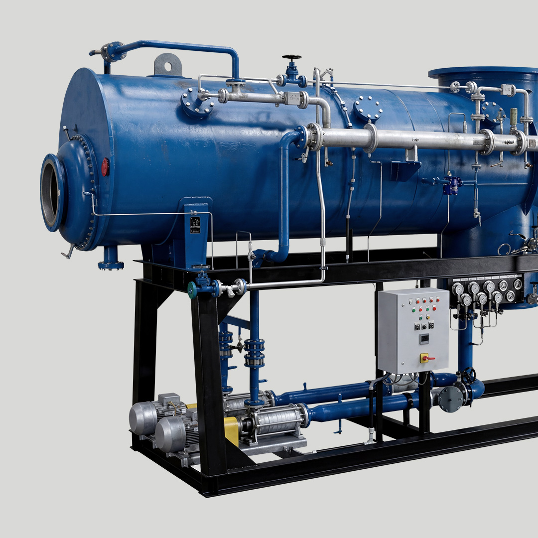 Industrial water cooled steam condenser system used for marine freshwater generation and desalination processes.