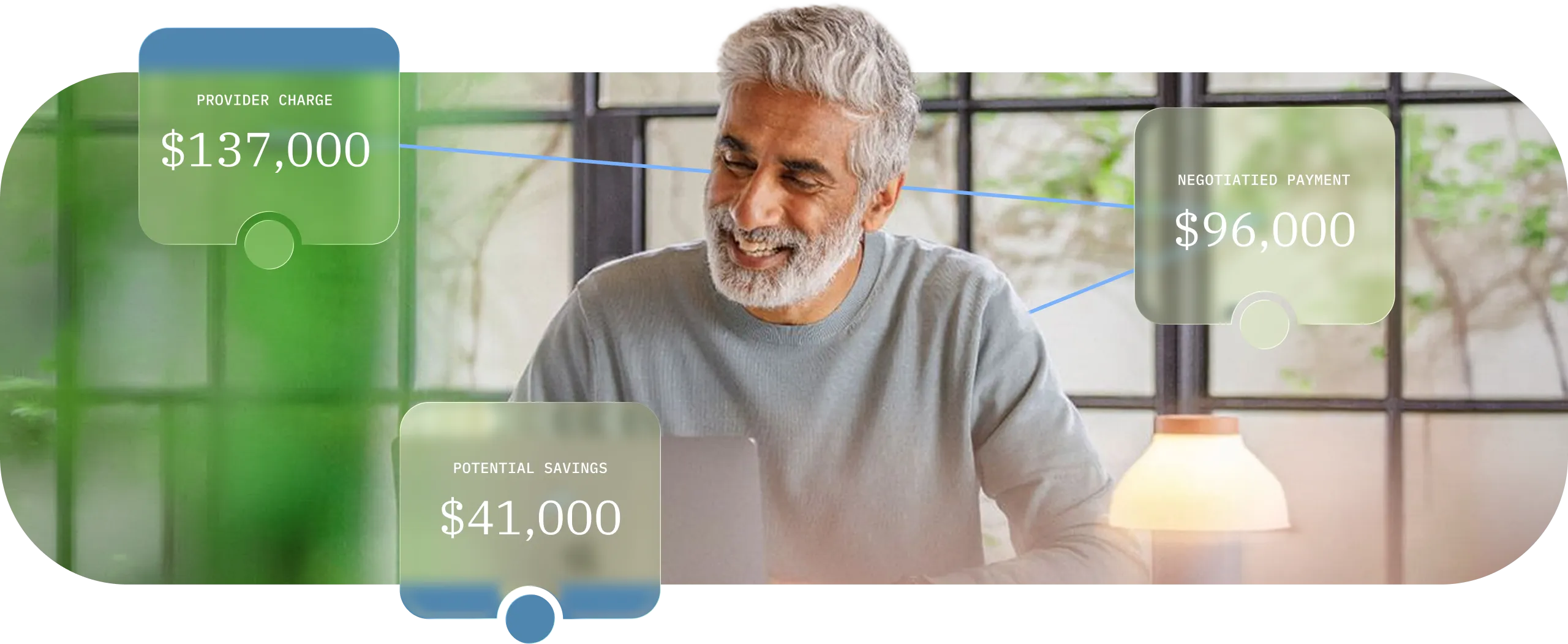 Smiling man with gray hair at laptop showing provider charge, negotiated payment, and potential savings amounts.
