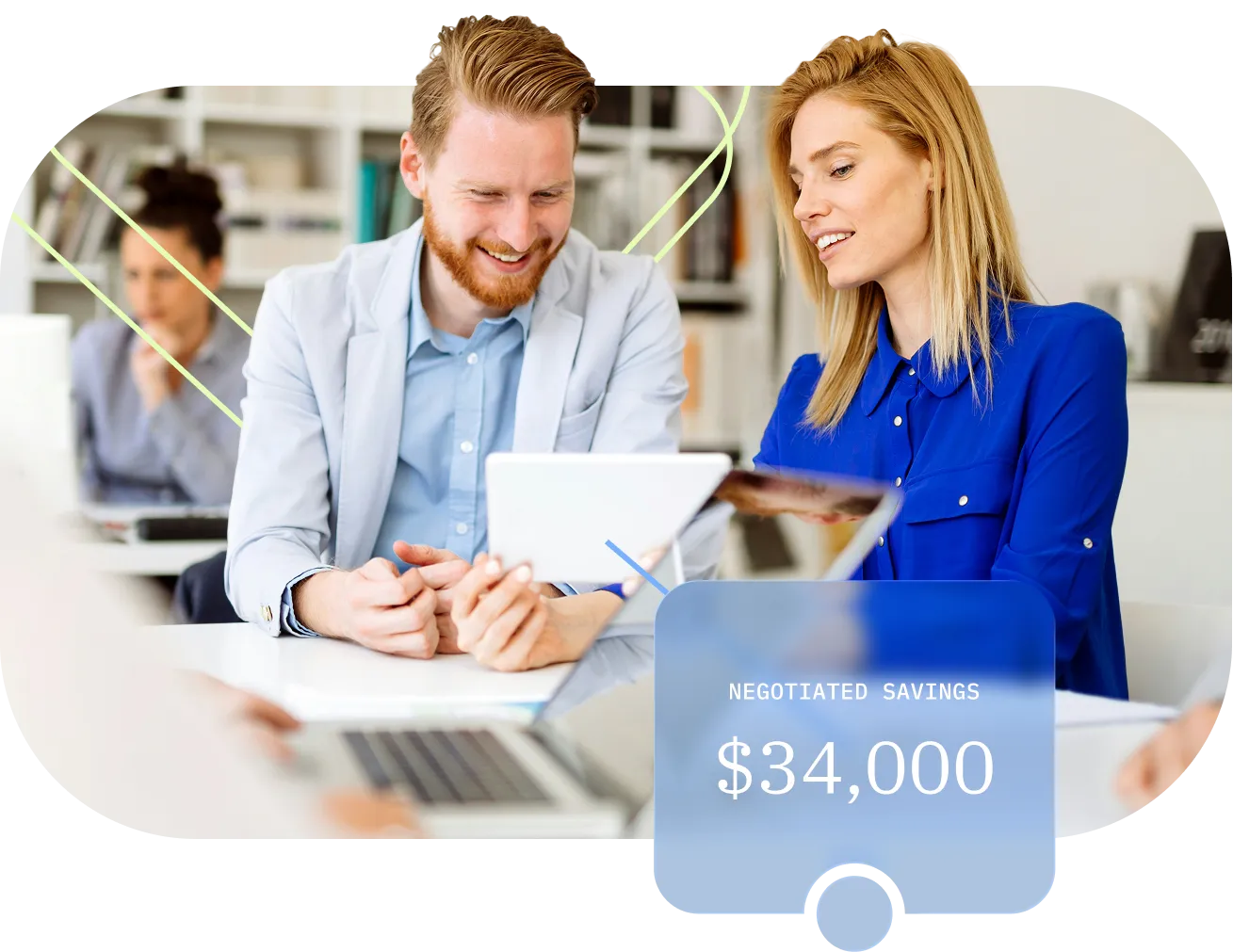 Two colleagues smiling and looking at a tablet in a modern office with a $34,000 savings graphic.