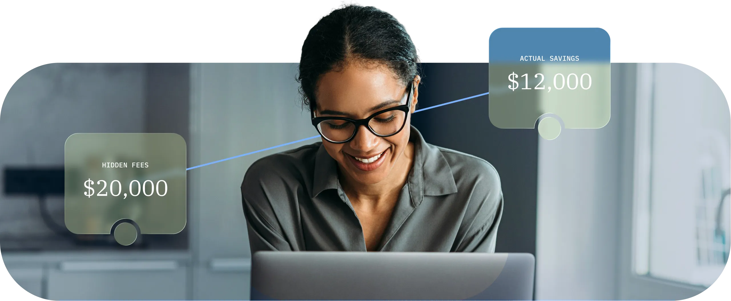 Smiling woman with glasses looking at laptop with financial savings and fees graphics.