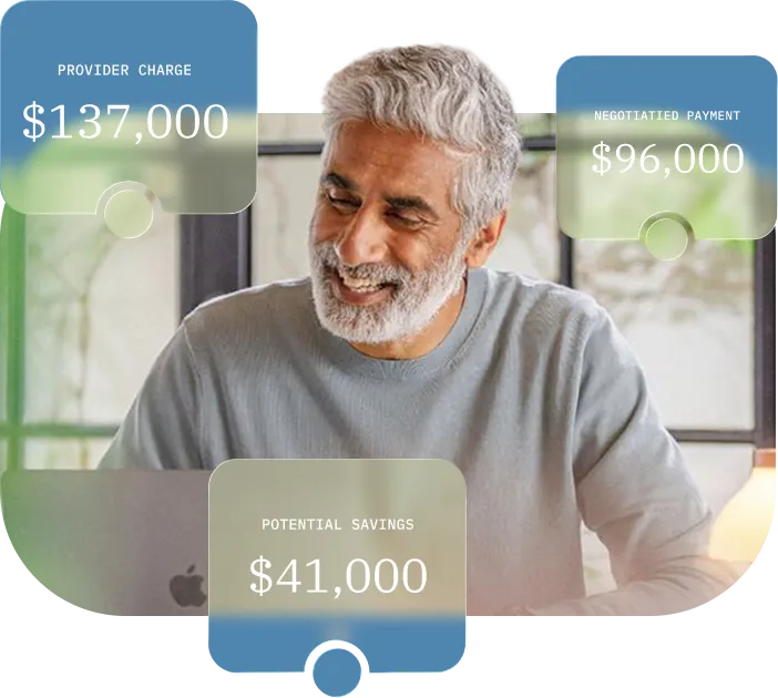Smiling man with gray hair using a laptop with cost savings figures overlaid: $137,000, $96,000, $41,000.