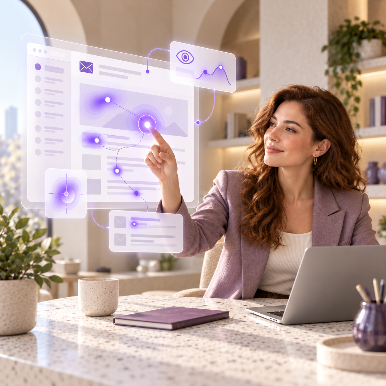 Woman smiling in front of a landing page