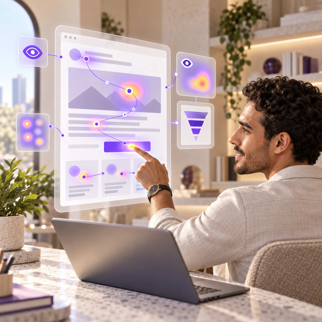 Woman smiling in front of a landing page