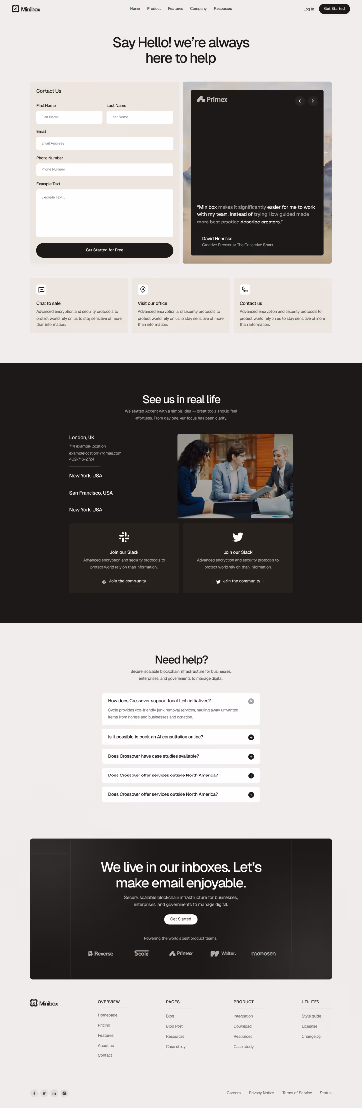 Contact page with a form for first name, last name, email, phone, and message; testimonial quote; office locations; Slack community signup; FAQ section; and footer links.