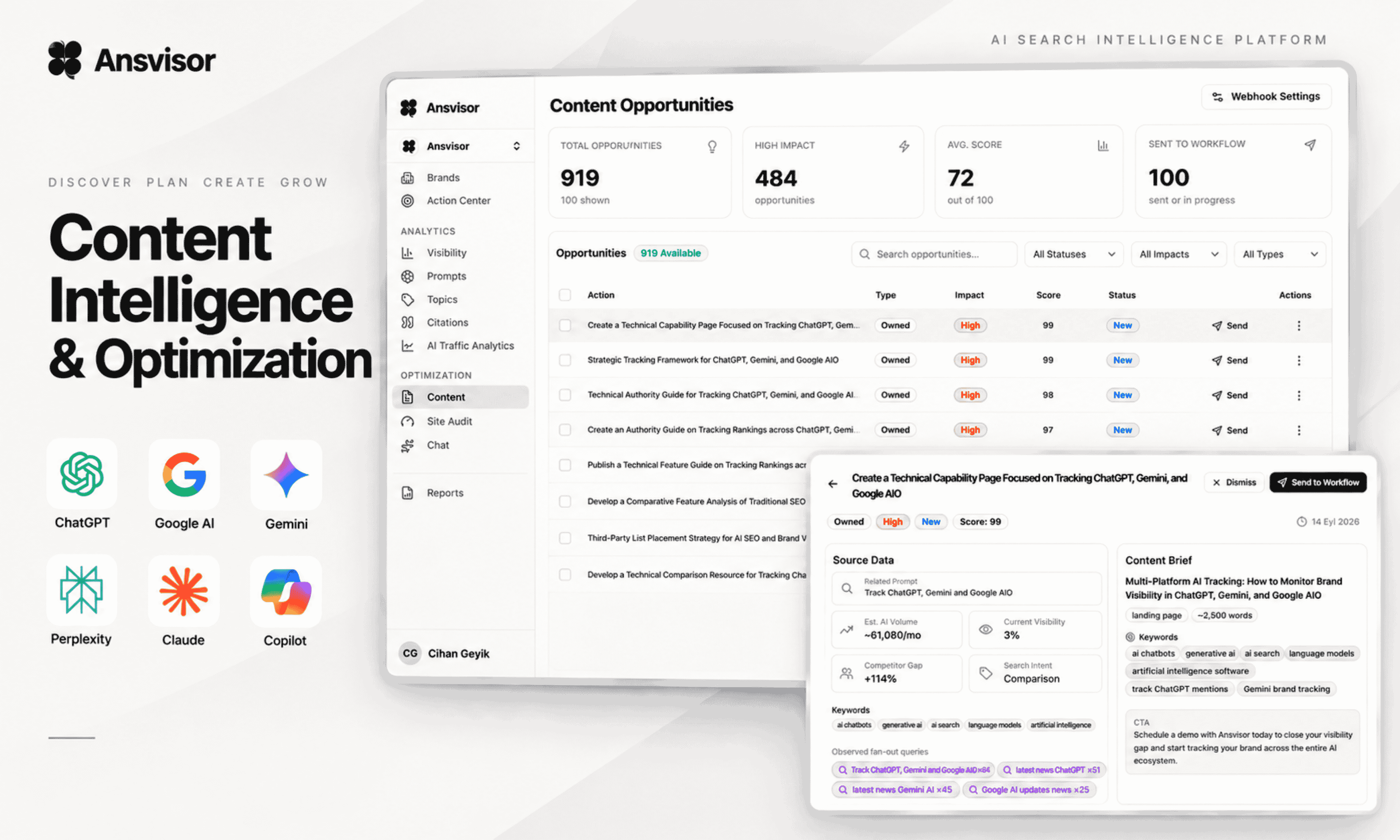 Ansvisor Content Intelligence Optimization for AI Search Visibility, AI SEO, AEO and GEO. Find content opportunities for AI visibility.