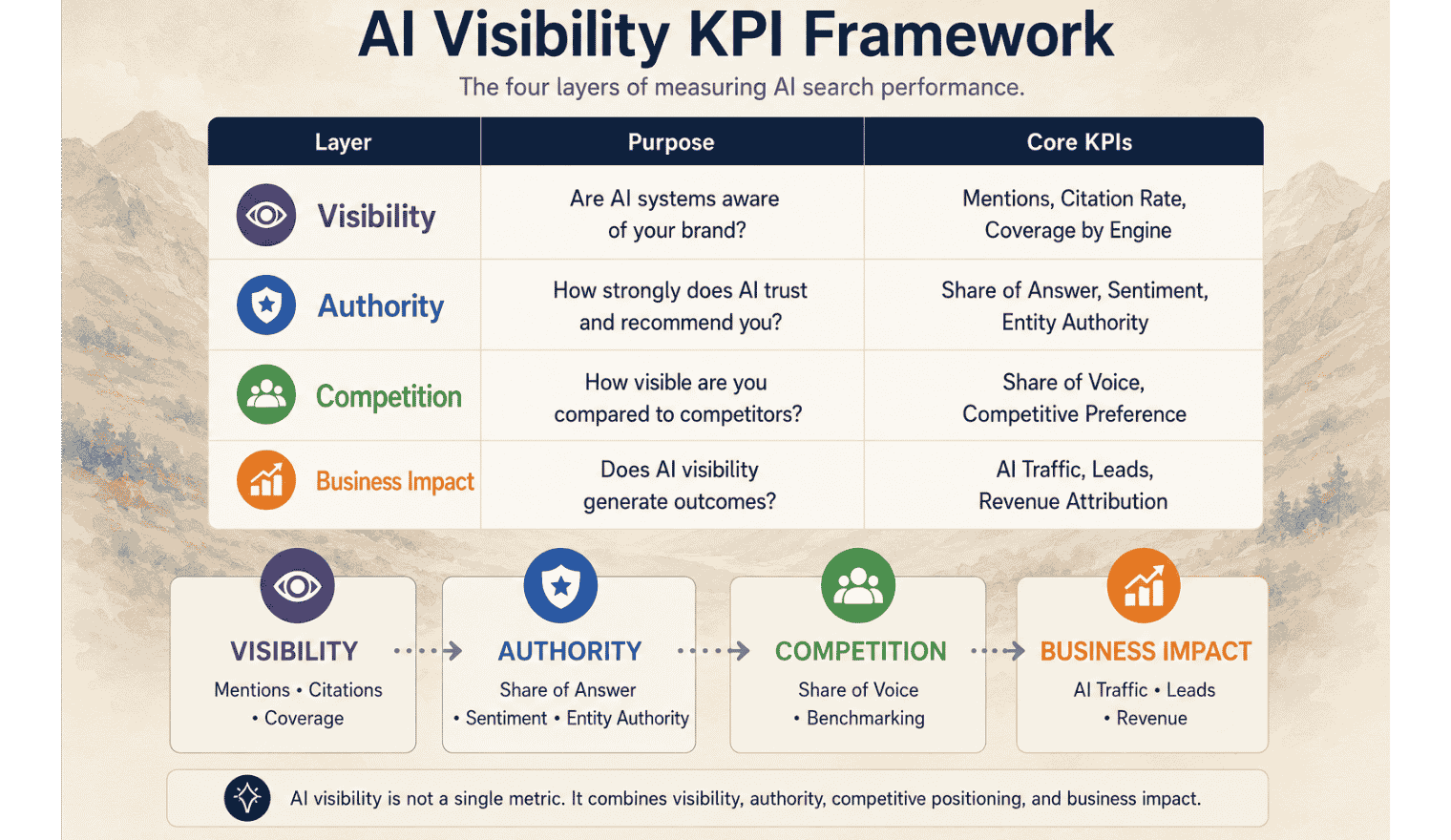 This image shows AI Visibility KPI Framework. It includes four layers of measuring AI search performance. They are Visibility, Authority, Competition and Business Impact. AI Visibility is not a single metric. It combines of layers.
