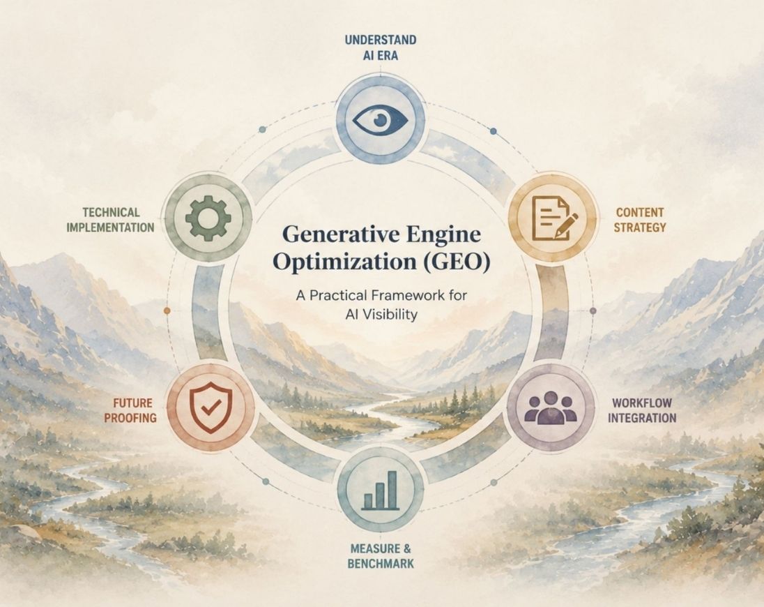 Illustration representing Generative Engine Optimization (GEO) for improving AI visibility, citations, trusted content, and brand recommendations across AI search engines.