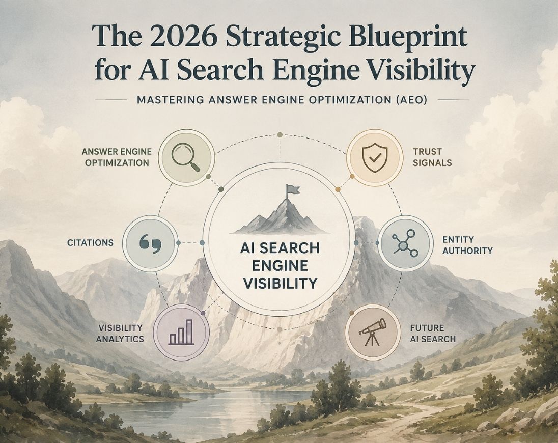 Illustration representing the strategic blueprint for AI search engine visibility in 2026, highlighting AI visibility, citations, prompt optimization, trusted content, and answer engine optimization.