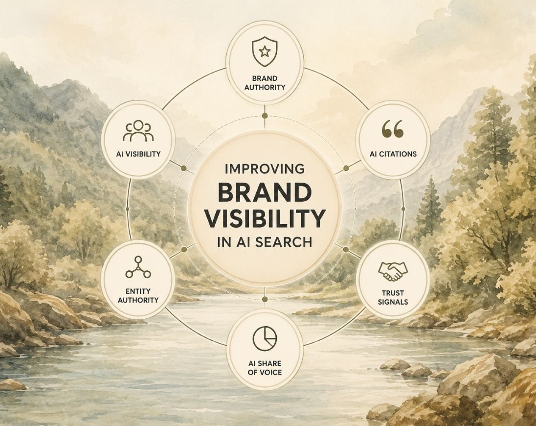 Illustration representing the strategic blueprint for improving brand visibility in AI search in 2026, highlighting AI visibility, citations, entity authority, trusted content, and answer engine optimization.