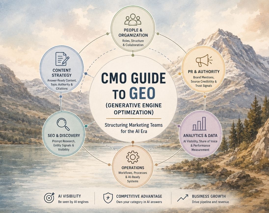 Illustration representing a CMO's guide to Generative Engine Optimization (GEO), highlighting AI visibility, brand strategy, citations, executive reporting, and AI search optimization
