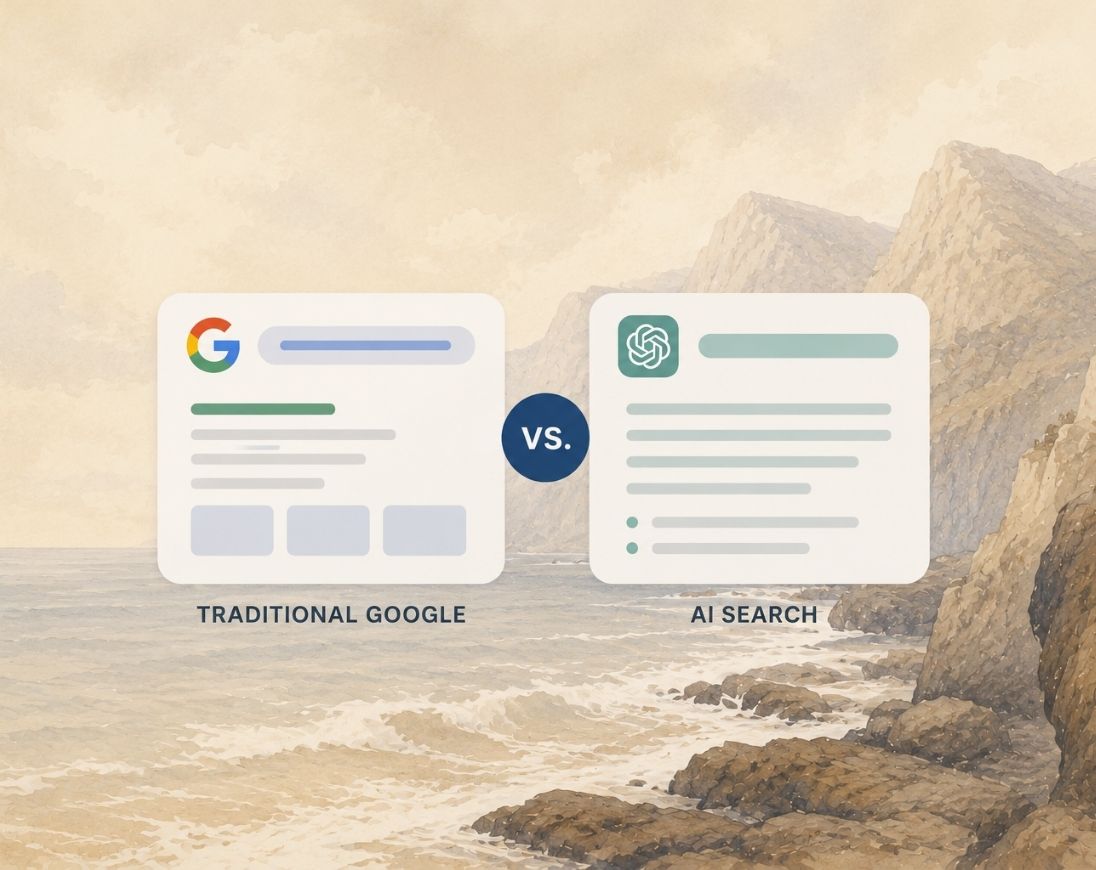 Illustration comparing AI search results with traditional Google Search, highlighting AI-generated answers, citations, search experience, and content discovery.