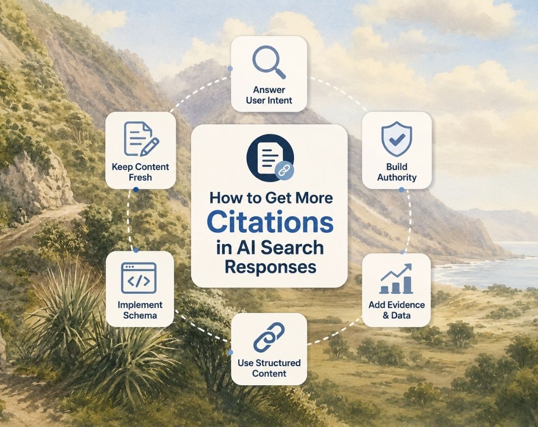 Illustration representing strategies to earn more citations in AI search responses through authoritative content, trusted sources, AI visibility, and answer engine optimization.
