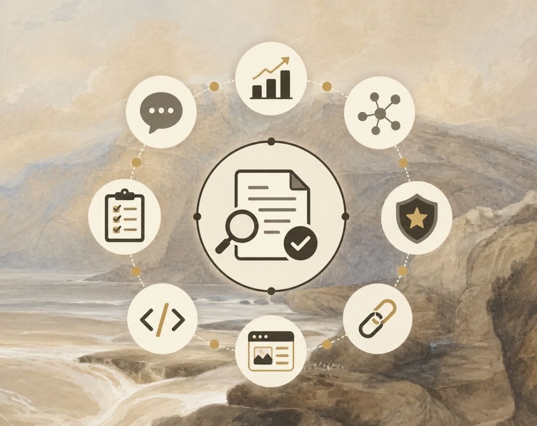 Illustration representing a complete guide to Answer Engine Optimization (AEO), highlighting AI content optimization, citations, AI visibility, trusted content, and answer engine performance.