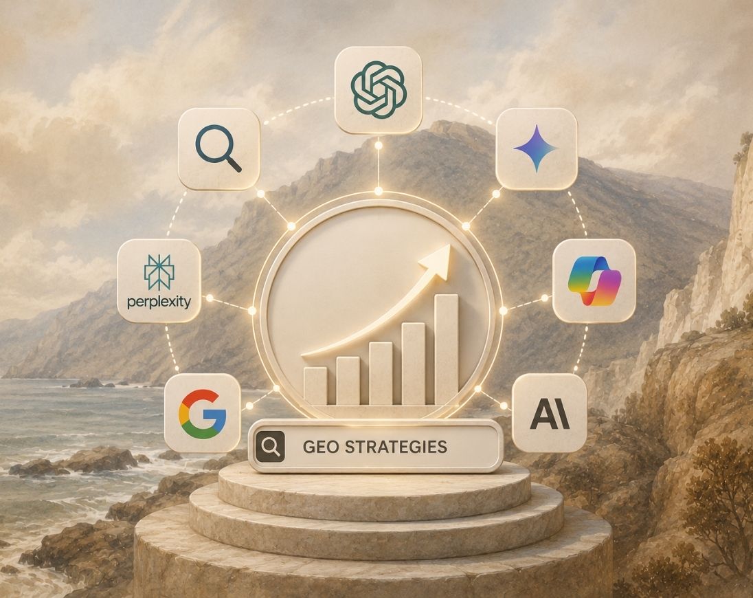Illustration representing GEO strategies to rank higher in AI search through AI visibility, citations, trusted content, and answer engine optimization.