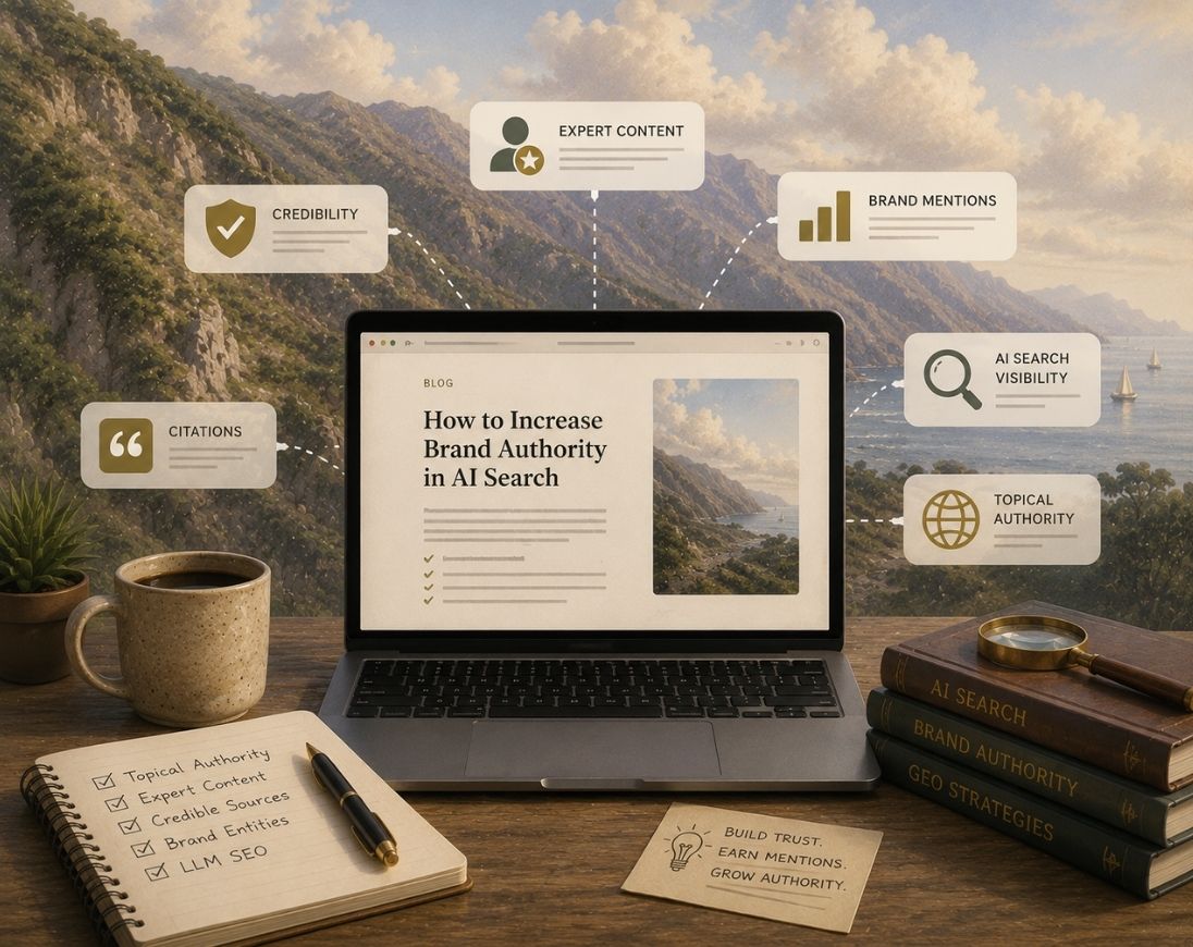 Illustration representing strategies to increase brand authority in AI search through trusted content, citations, entity recognition, and AI visibility.