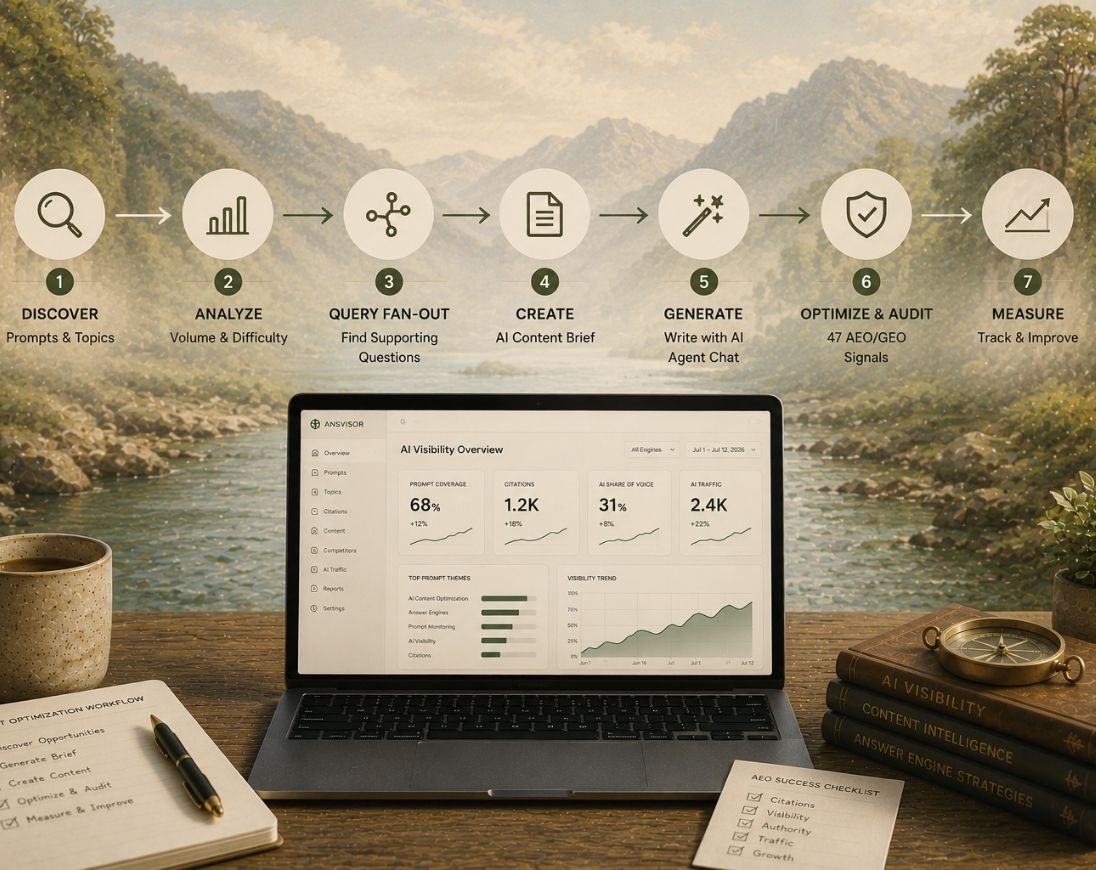 Illustration representing a complete AI content optimization workflow for answer engines, from prompt discovery and content creation to citations, AI visibility, and performance measurement.