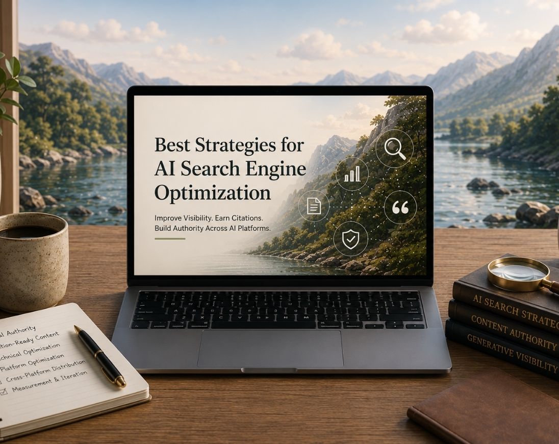 Illustration representing the best strategies for AI search engine optimization, highlighting AI visibility, citations, prompt optimization, trusted content, and answer engine performance.