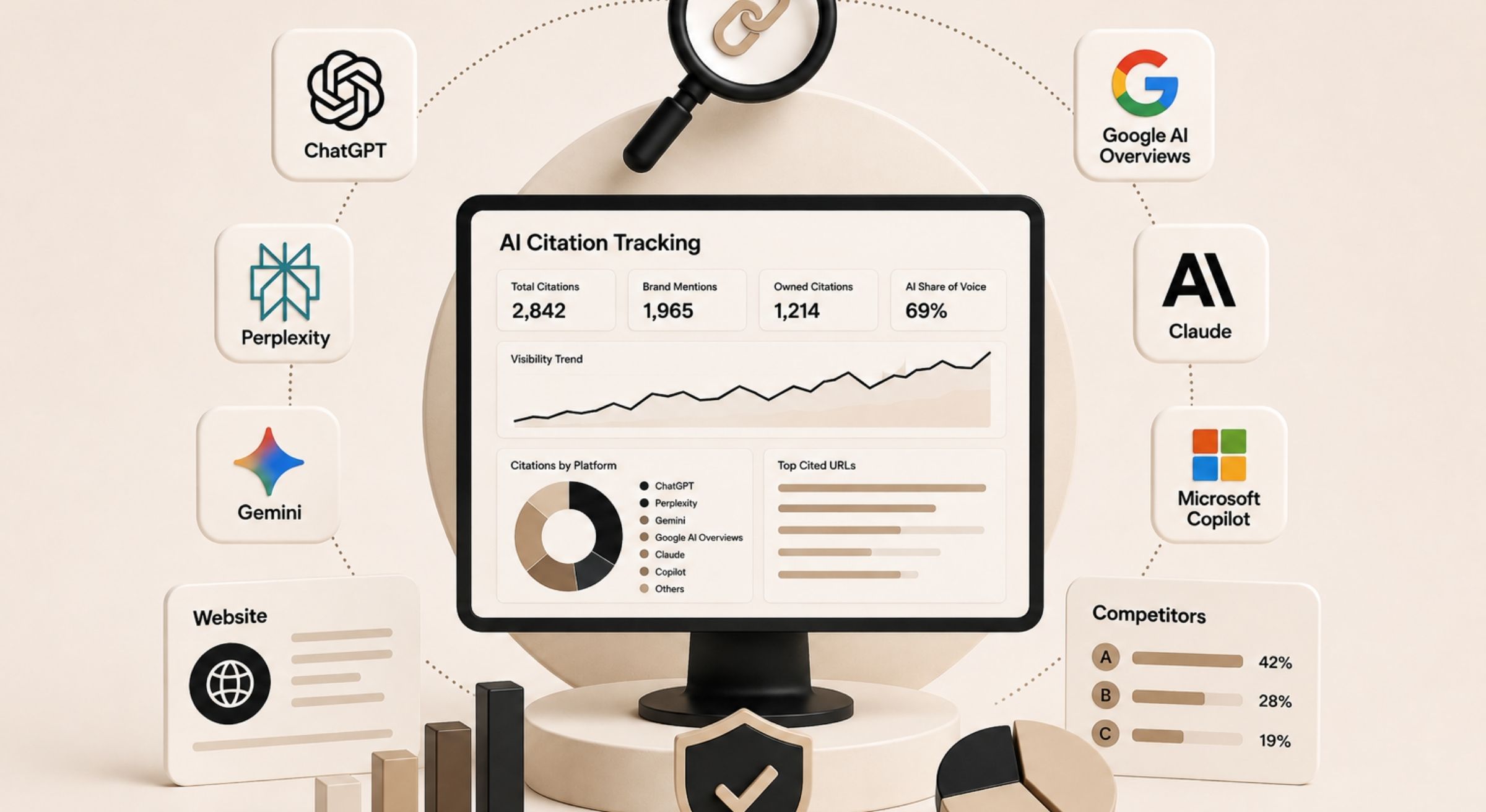 Illustration comparing the best AI search citation tracking tools for monitoring citations, source authority, and brand visibility across AI search platforms.