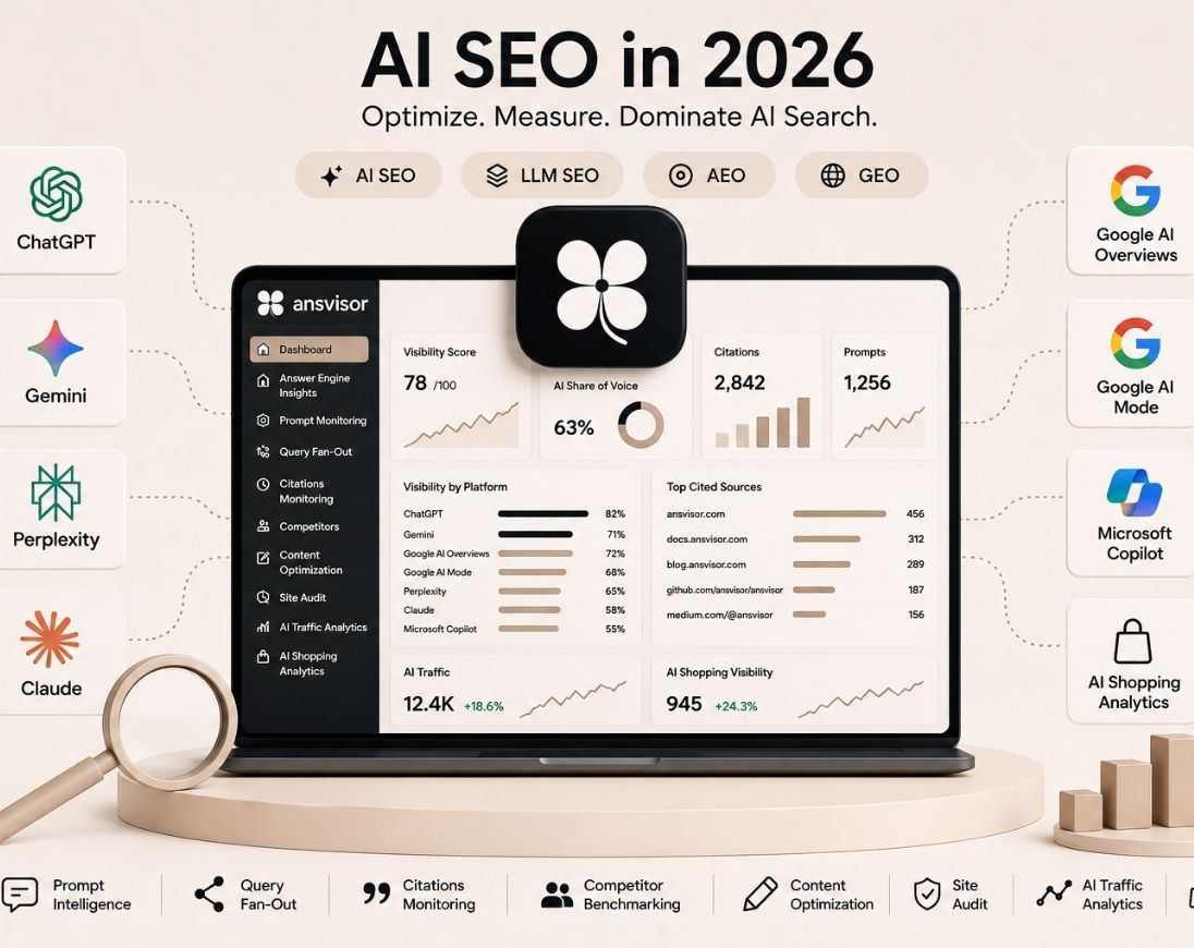 Illustration representing AI search engine optimization best practices for LLM SEO and Generative Engine Optimization (GEO), highlighting AI visibility, citations, trusted content, and answer engine optimization.