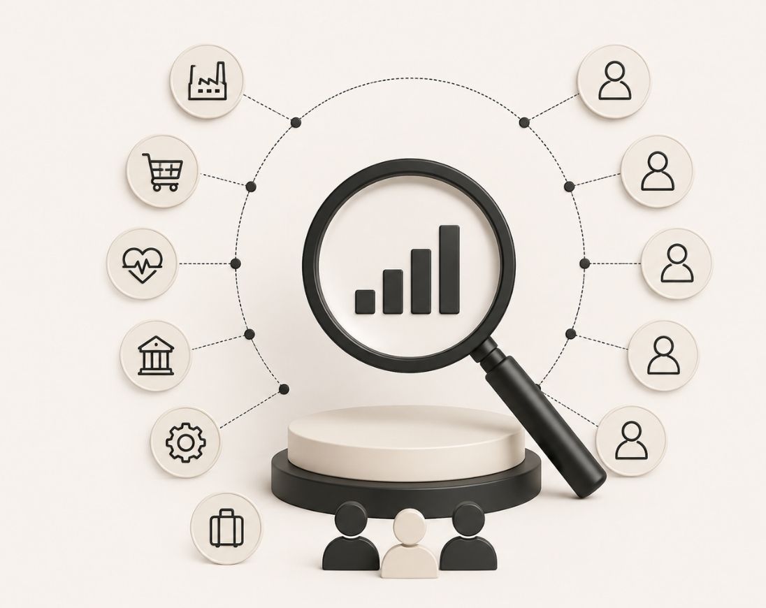 Illustration representing AI search strategies tailored to different industries, highlighting AI visibility, citations, content optimization, and answer engine performance.