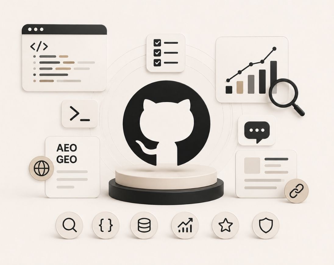 Illustration representing top GitHub repositories for AEO and GEO, featuring open-source tools for AI visibility, prompt monitoring, citations, and AI search optimization.