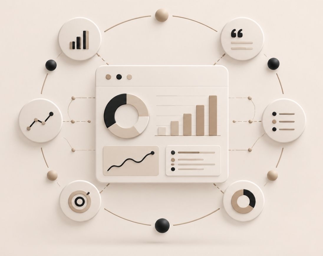 Illustration representing how to measure a company's AI visibility using prompts, mentions, citations, AI search performance, and visibility metrics.