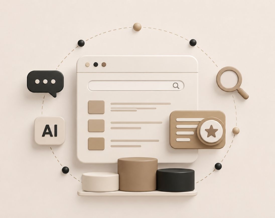 Illustration representing how AI is transforming SEO, highlighting AI search, answer engines, citations, content strategy, and brand visibility.