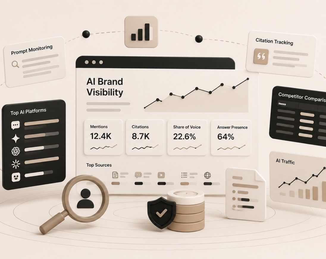 Illustration comparing the best AI brand visibility monitoring tools for tracking AI visibility, brand mentions, citations, and recommendations across leading AI search platforms.