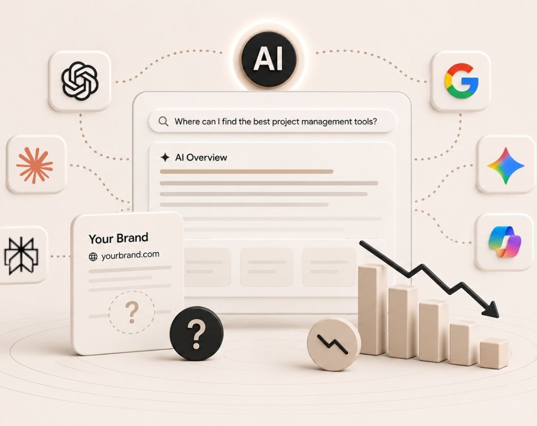 Illustration representing the reasons a brand may not appear in ChatGPT, Google AI Overviews, and other AI search engines, including visibility, citations, trust, and content signals.