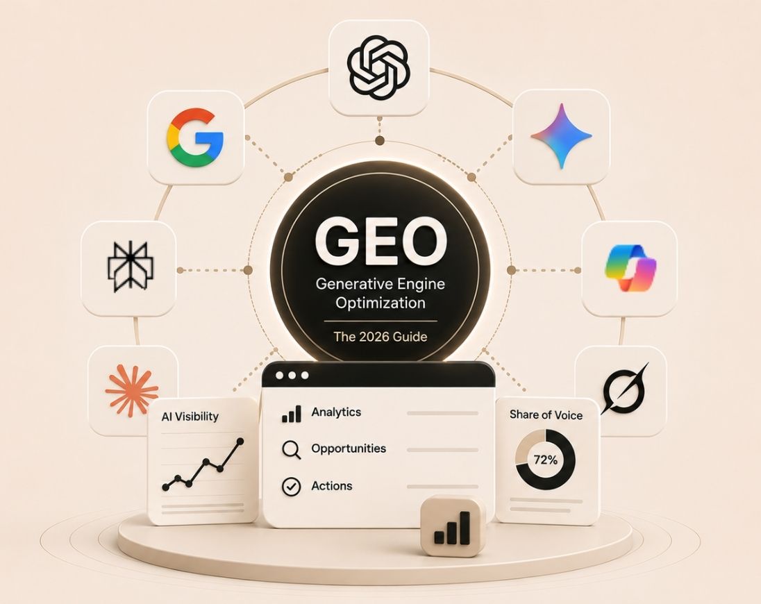 Illustration representing Generative Engine Optimization (GEO), showing how brands improve AI visibility, citations, and recommendations across AI search engines.