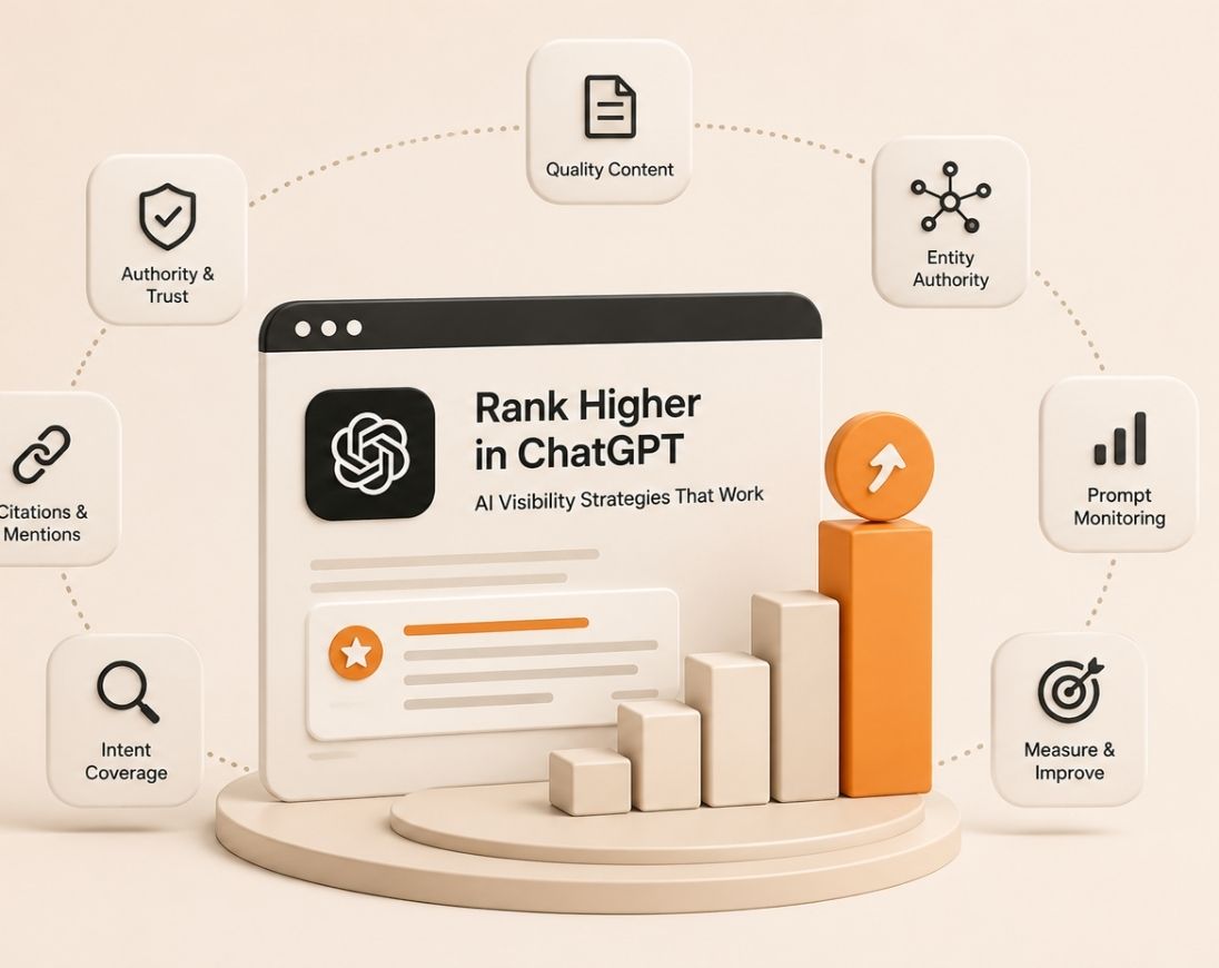 Illustration representing strategies to rank higher in ChatGPT results through AI visibility, citations, trusted content, and answer engine optimization.