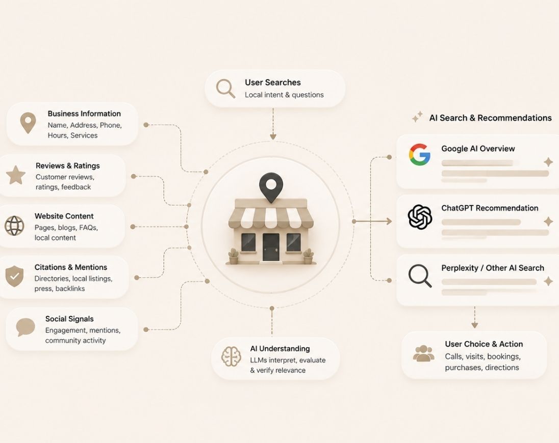 Illustration representing how AI search works for local businesses, including local discovery, AI recommendations, business visibility, and citations.