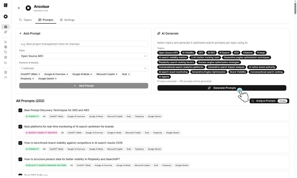 This images shows how Ansvisor's AI system recommend best prompts for ChatGPT, Google AI Overviews, Gemini, Claude, Microsoft Copilot, Perplexity.