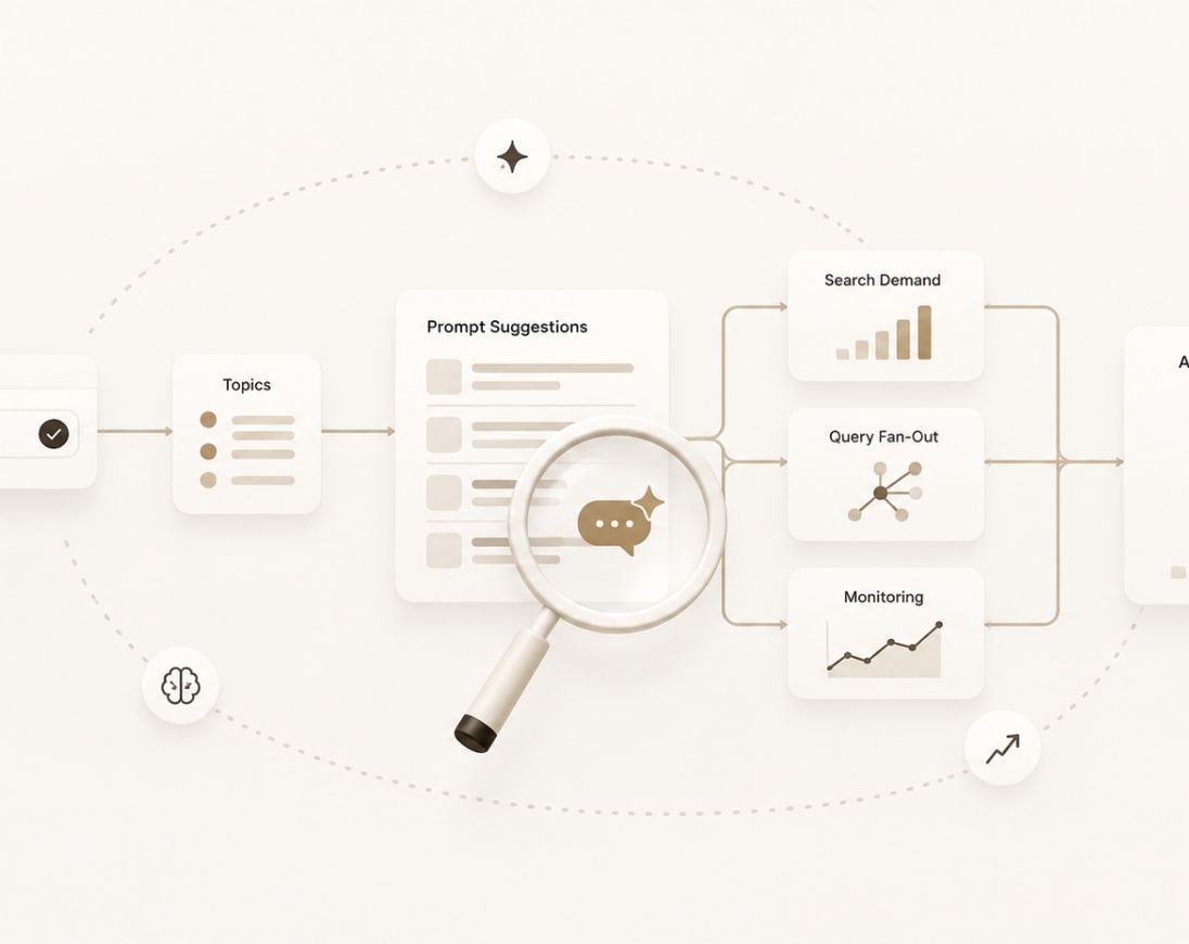 AI prompt discovery dashboard uncovering high-value GEO and AEO prompts using search demand, Query Fan-Out, AI visibility, and business relevance.