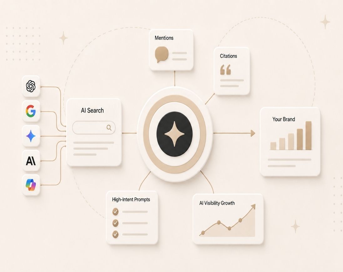 AI search dashboard tracking brand mentions, citations, source authority, and visibility across ChatGPT, Gemini, Google AI Overviews, and other AI platforms.
