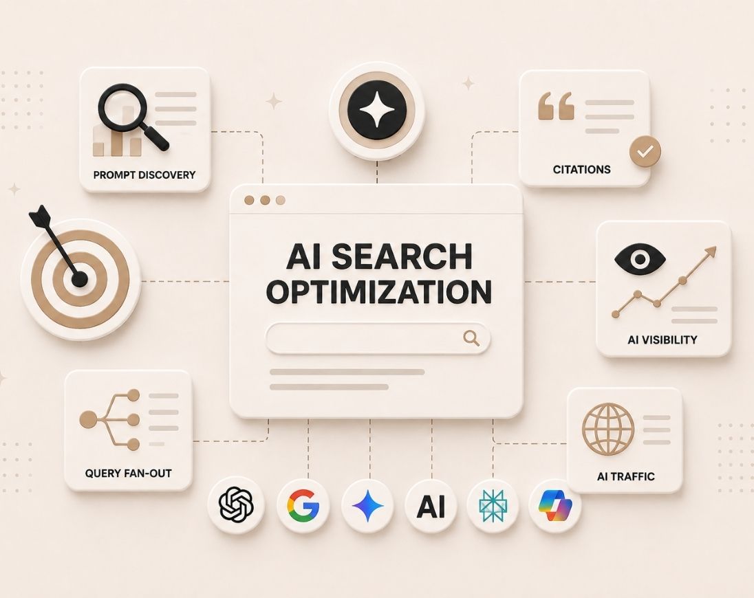 AI search optimization workflow showing prompts, citations, content strategy, and visibility improvements across major AI search engines.