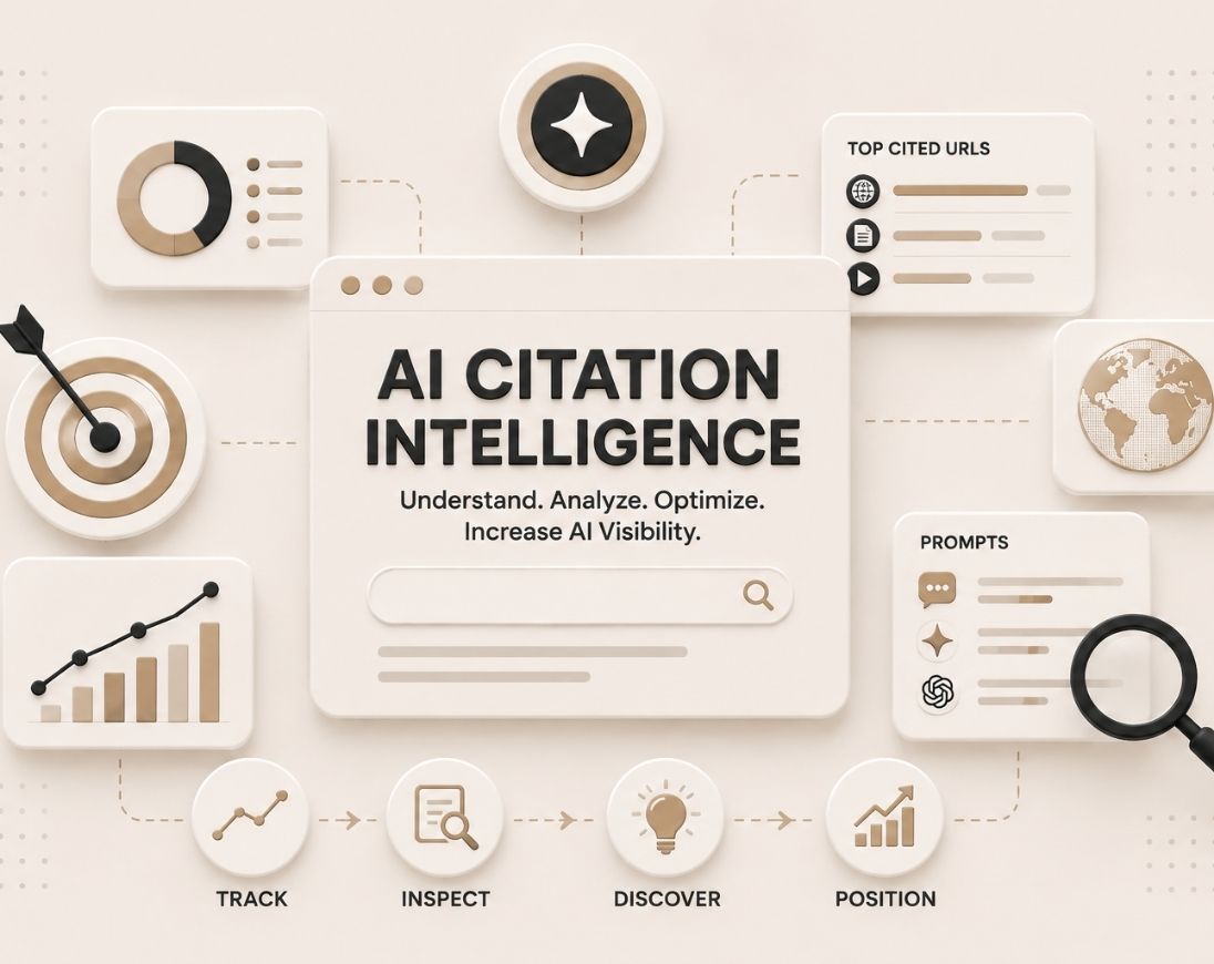 Citation intelligence dashboard analyzing AI citations, cited pages, source authority, and opportunities to improve AI visibility across answer engines.