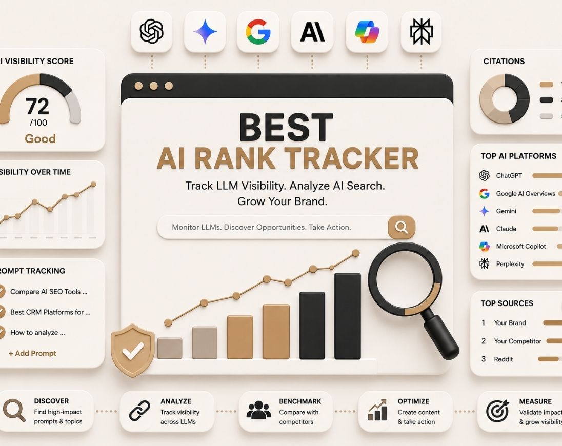 AI rank tracker dashboard monitoring LLM visibility, Google AI Search results, ChatGPT, Gemini, mentions, citations, and rankings across tracked prompts.