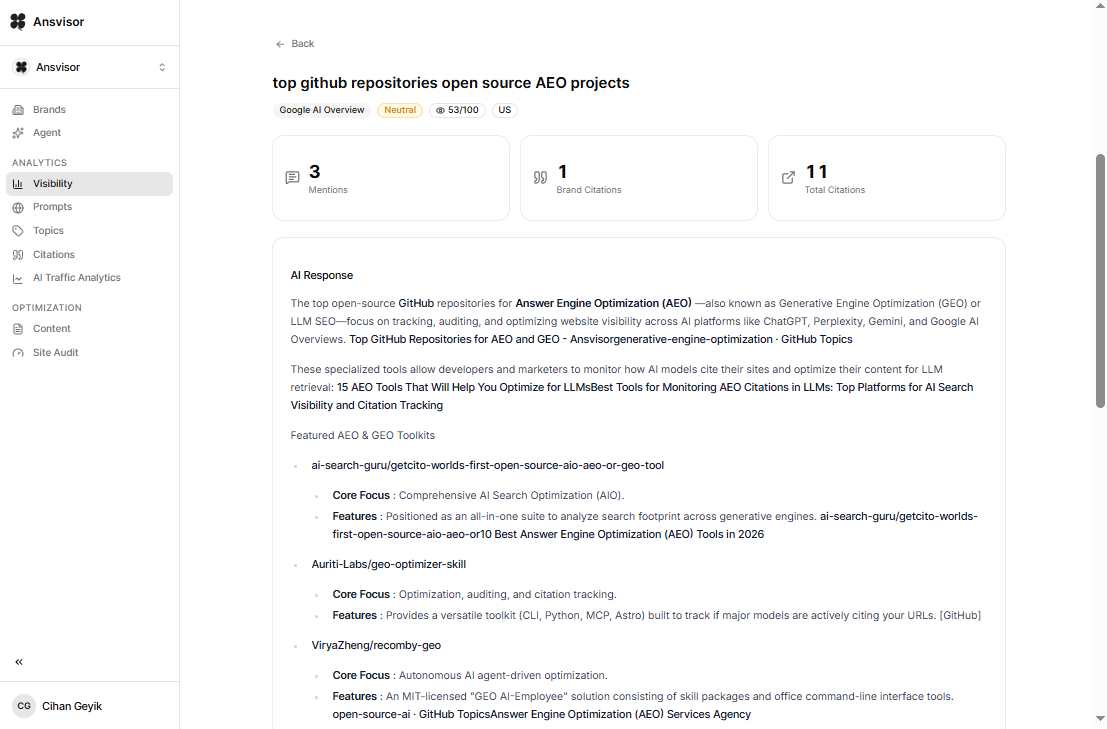 Analyze each Google AI Overviews reply or answer that includes mentions and citations.t