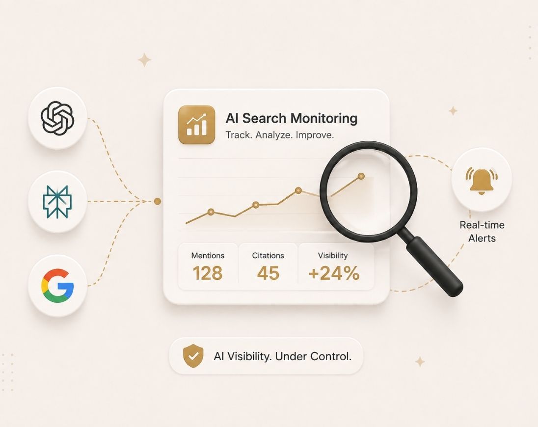 AI Search monitoring dashboard tracking ChatGPT, Gemini, Google AI Overviews, prompts, mentions, citations, and AI visibility.