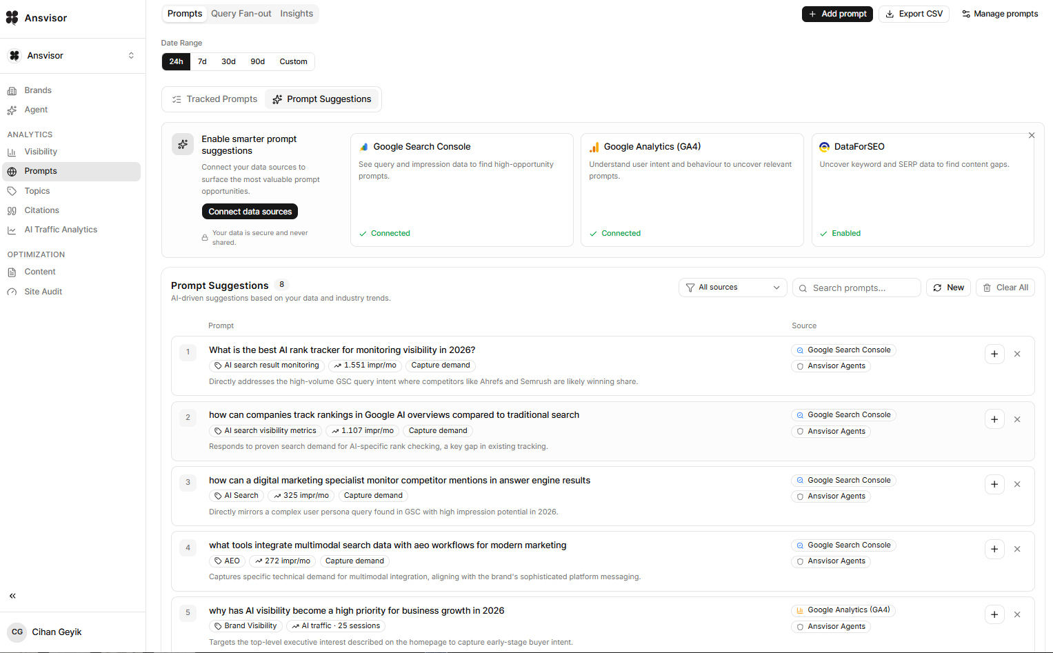 This image is Ansvisor dasboard Prompt Suggestion image that shows how to find best Prompts for ChatGPT, Gemini, Perplexity, Google AI Overviews, Google AI Mode, Claude and Microsoft Copilot.