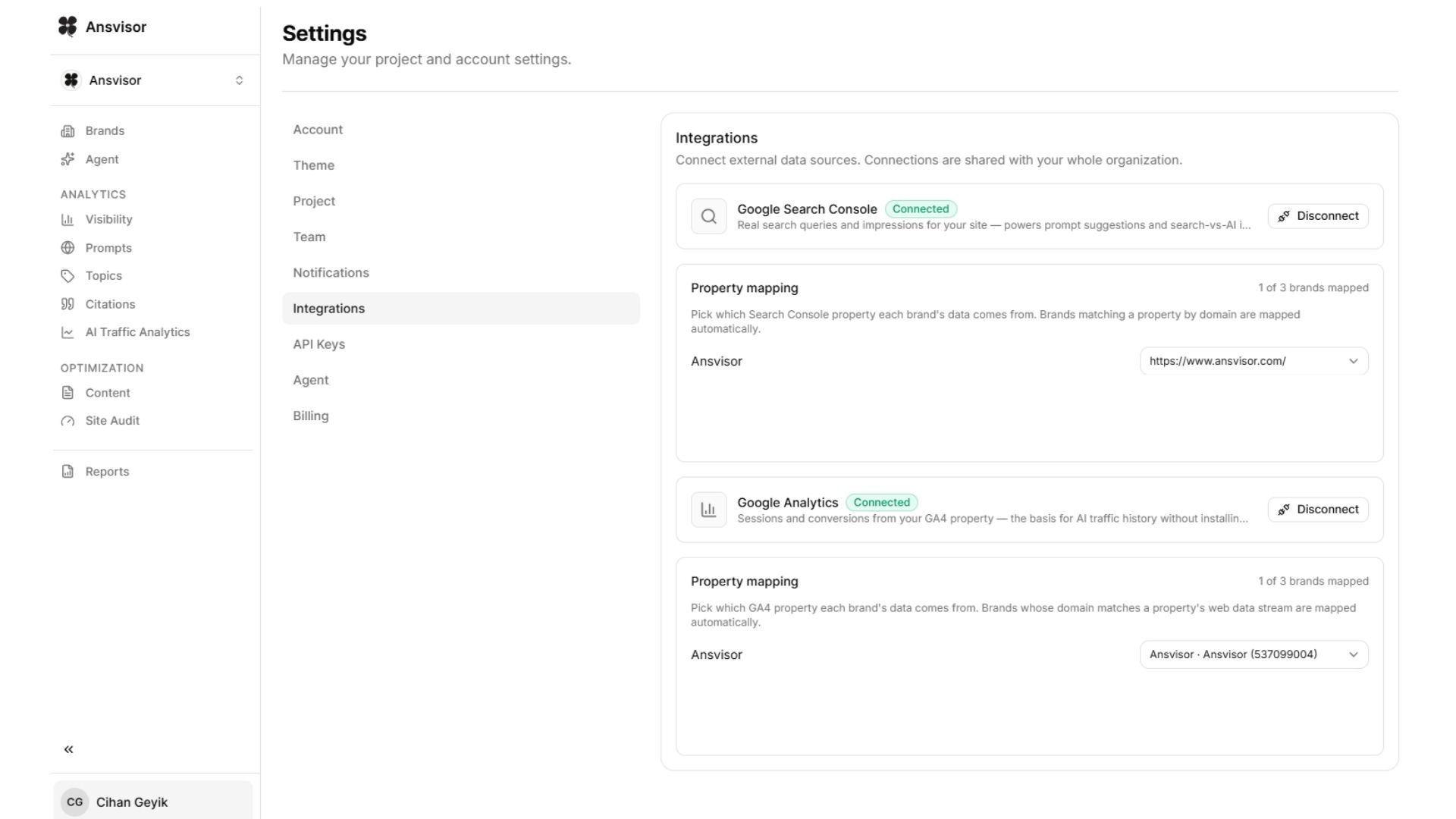Ansvisor Google Analytics 4 integration settings showing GA4 account connection and property mapping for AI Search Intelligence.
