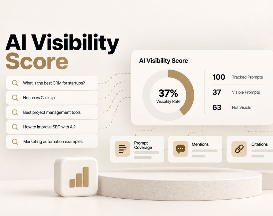 AI Visibility Score analysis with prompt coverage, mentions, citations, competitor comparison, and visibility trends.
