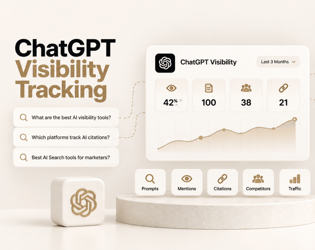 ChatGPT visibility tracker showing prompts, brand mentions, citations, competitors, sources, and visibility trends.