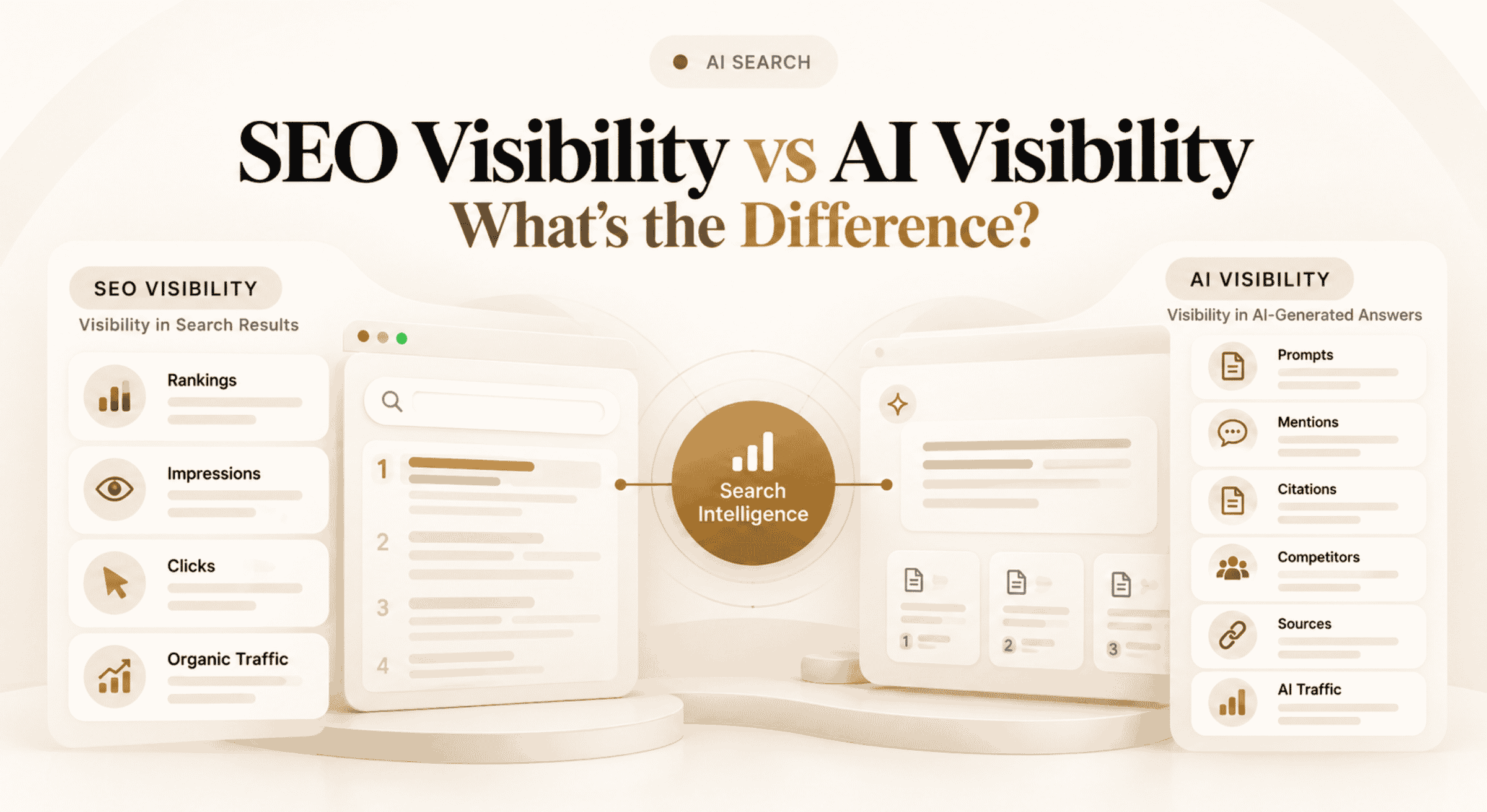 SEO visibility vs AI visibility comparison showing rankings, traffic, prompts, mentions, citations, competitors, and AI Search