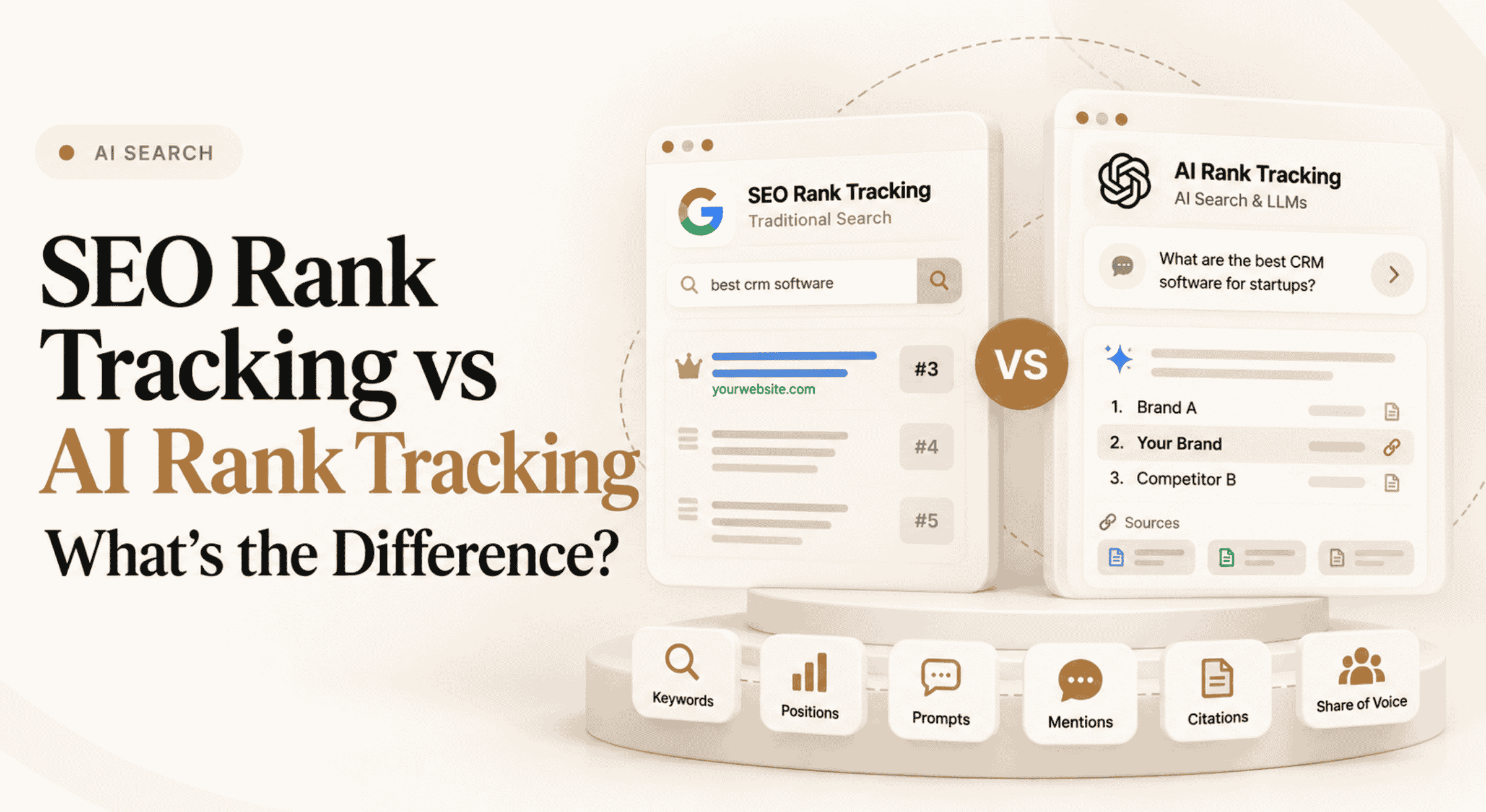 SEO rank tracking vs AI rank tracking comparison showing keywords, positions, prompts, mentions, citations, and competitors.