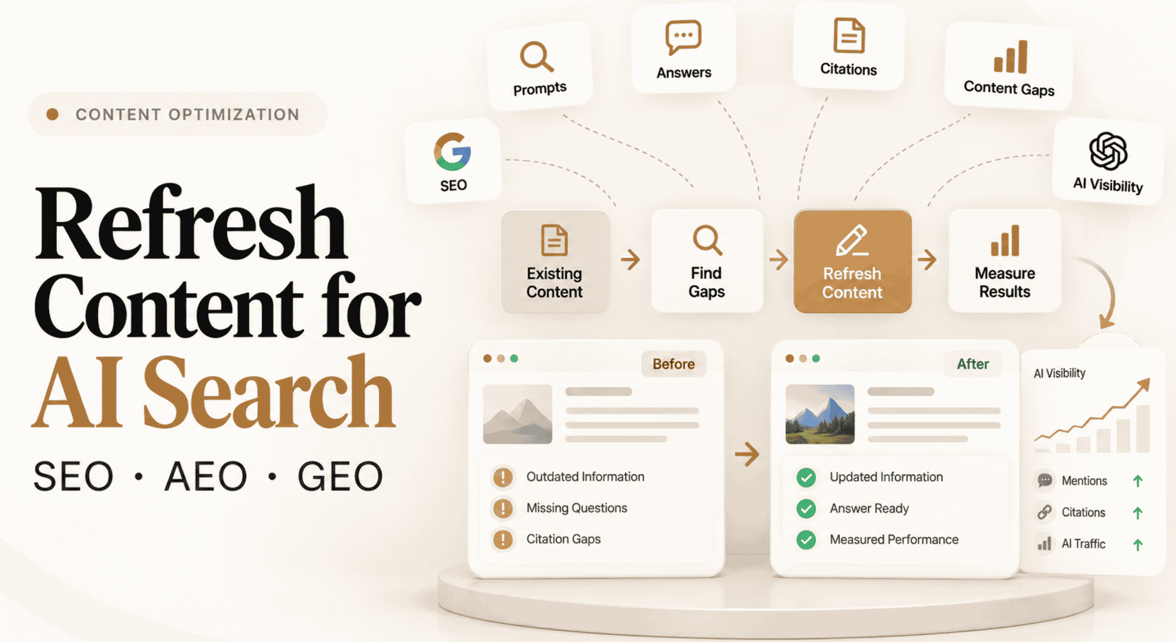 How to refresh content for AI Search, AEO, and GEO with prompt, citation, content, and visibility optimization