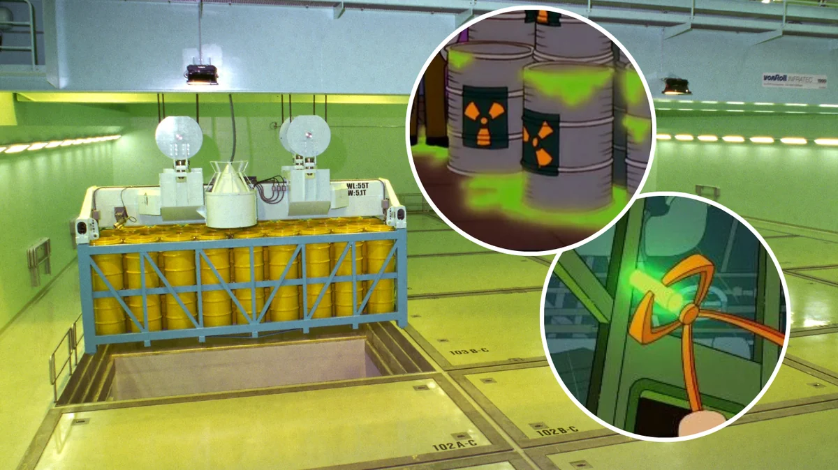 Erwartung vs. Realität: Grünleuchtende Stäbe und Flüssigkeiten weisen bei den Simpsons auf Radioaktivität hin. Die Realität ist weit weniger spektakulär: Alle Abfälle – einige davon tatsächlich in gelben Fässern – werden in feste Form gebracht und sicher verpackt zwischengelagert bis das Tiefenlager bereitsteht.