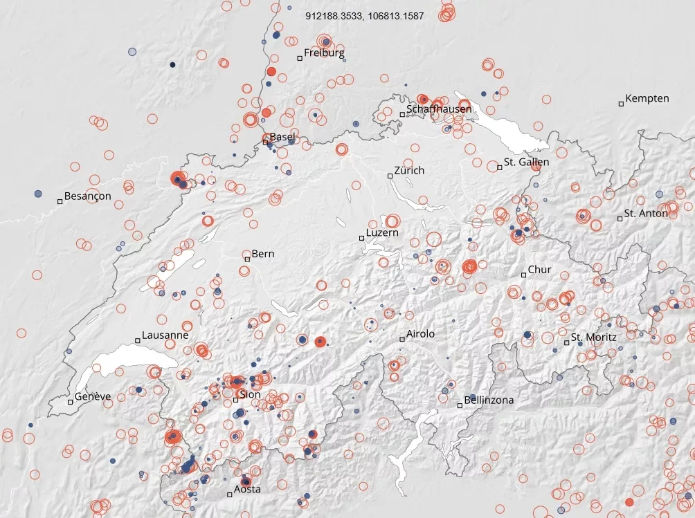 Verspürte Erdbeben in der Schweiz seit 2002.
Karte: Schweizerischer Erdbebendienst (SED), ETH Zürich
